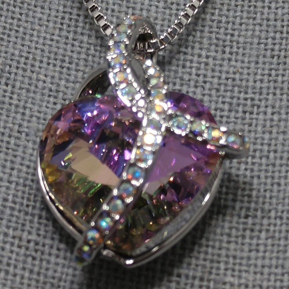 Pink Crystal Heart Necklace AB Rhinestones 18KGP Box Chain 18 Inch